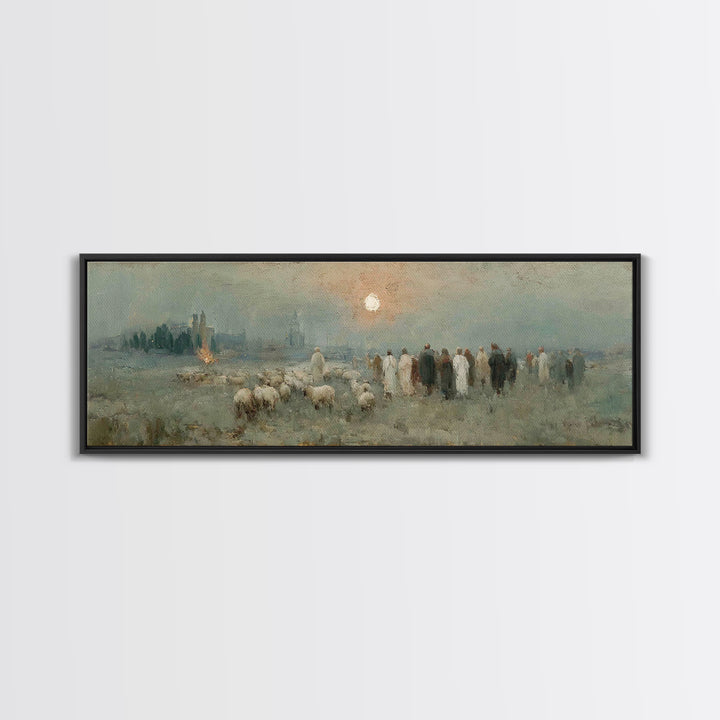 Shepherds In Stillness – Framed Canvas Print – Christian Art Canvas – Panoramic Frame – Christian Christmas Art – Jesus Painting – Christia