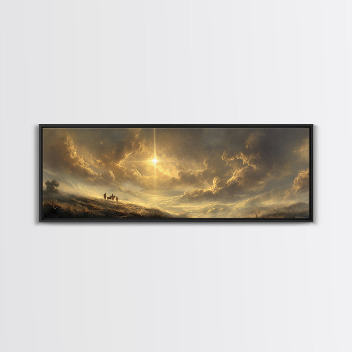 Golden Promise Sky | Framed Canvas Print | Christian Wall Art | Panoramic Wall Art | Jesus Painting | Christian Art Canvas | Christmas Art