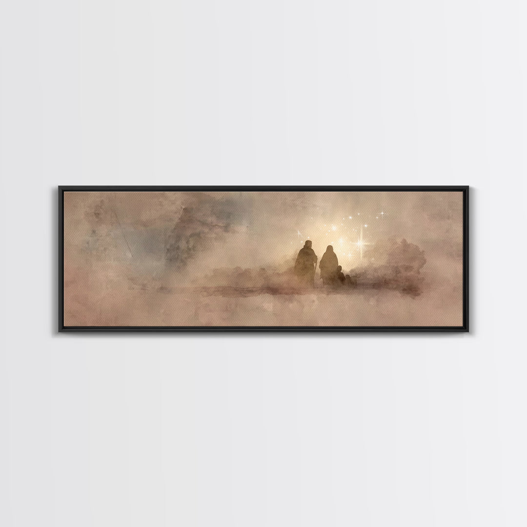 Holy Family Dawn, Framed Canvas Print, Christian Art Print, Panoramic Print, Christian Christmas Art, Christian Wall Art, Modern Christian