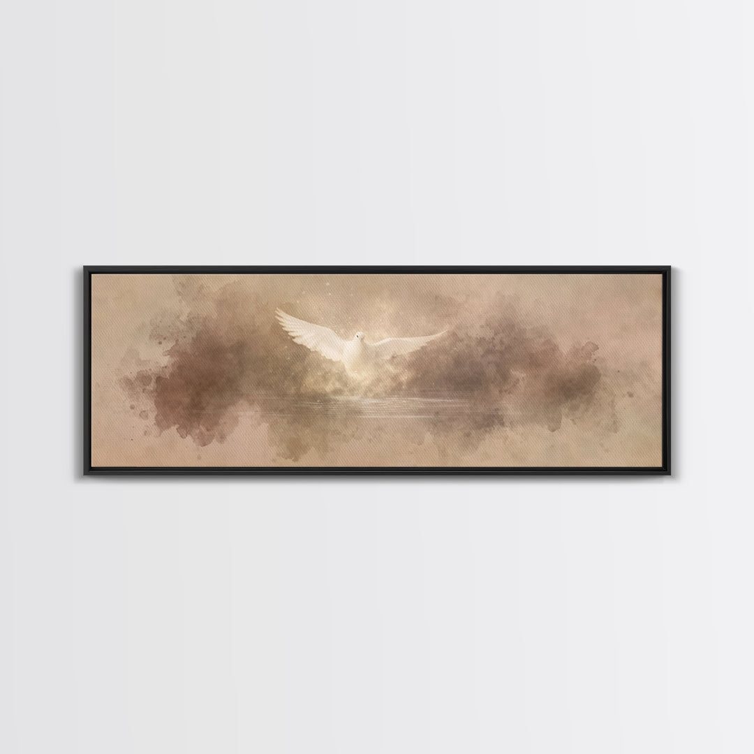 Heavenly Dove Light | Framed Canvas Print | Christian Art Canvas | Panoramic Painting | Christian Wall Art | Christmas Art | Christian Deco