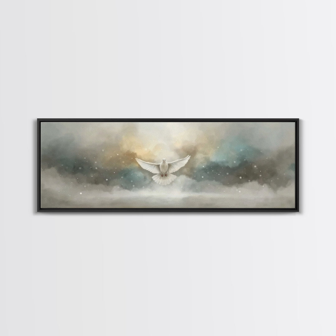 Dove Of Serenity – Framed Canvas Print – Christian Art Canvas – Panoramic Frame – Christian Wall Art – Christmas Art – Christian Art Gift