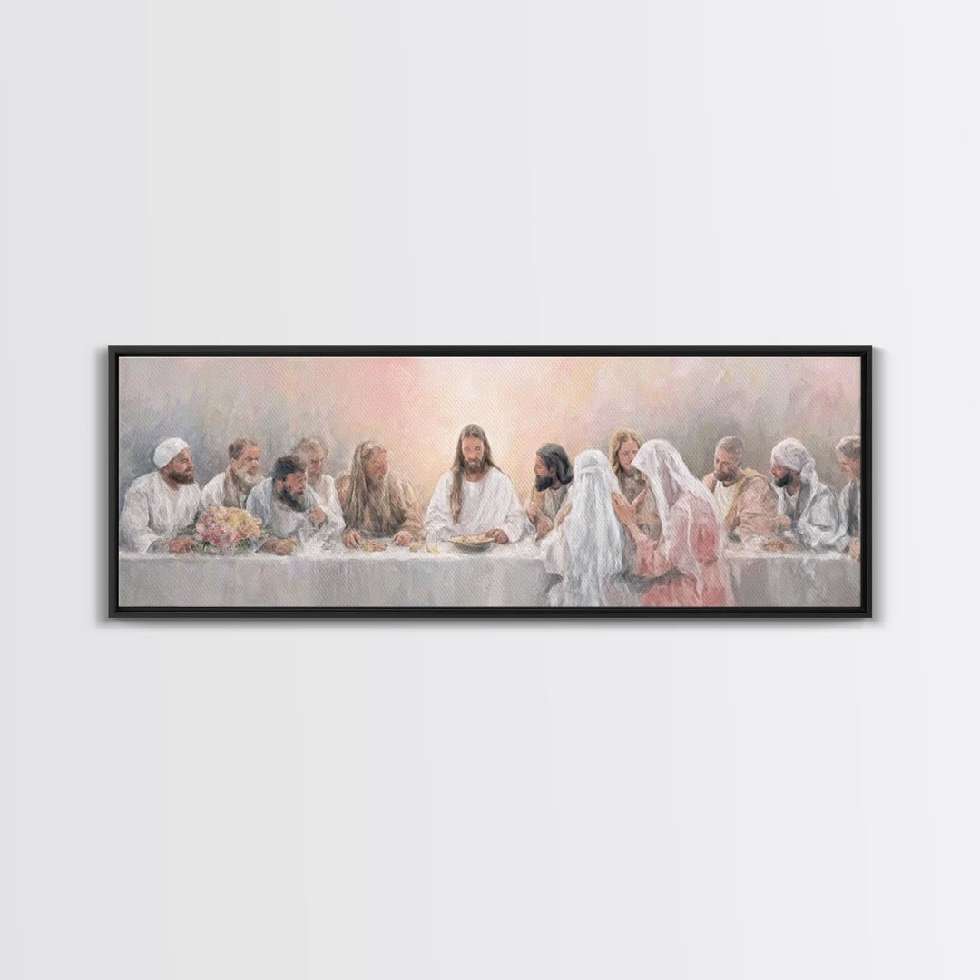 Sacred Supper Light – Framed Canvas Print – Christian Wall Art – Jesus Painting – Panoramic Art – Christian Art Canvas