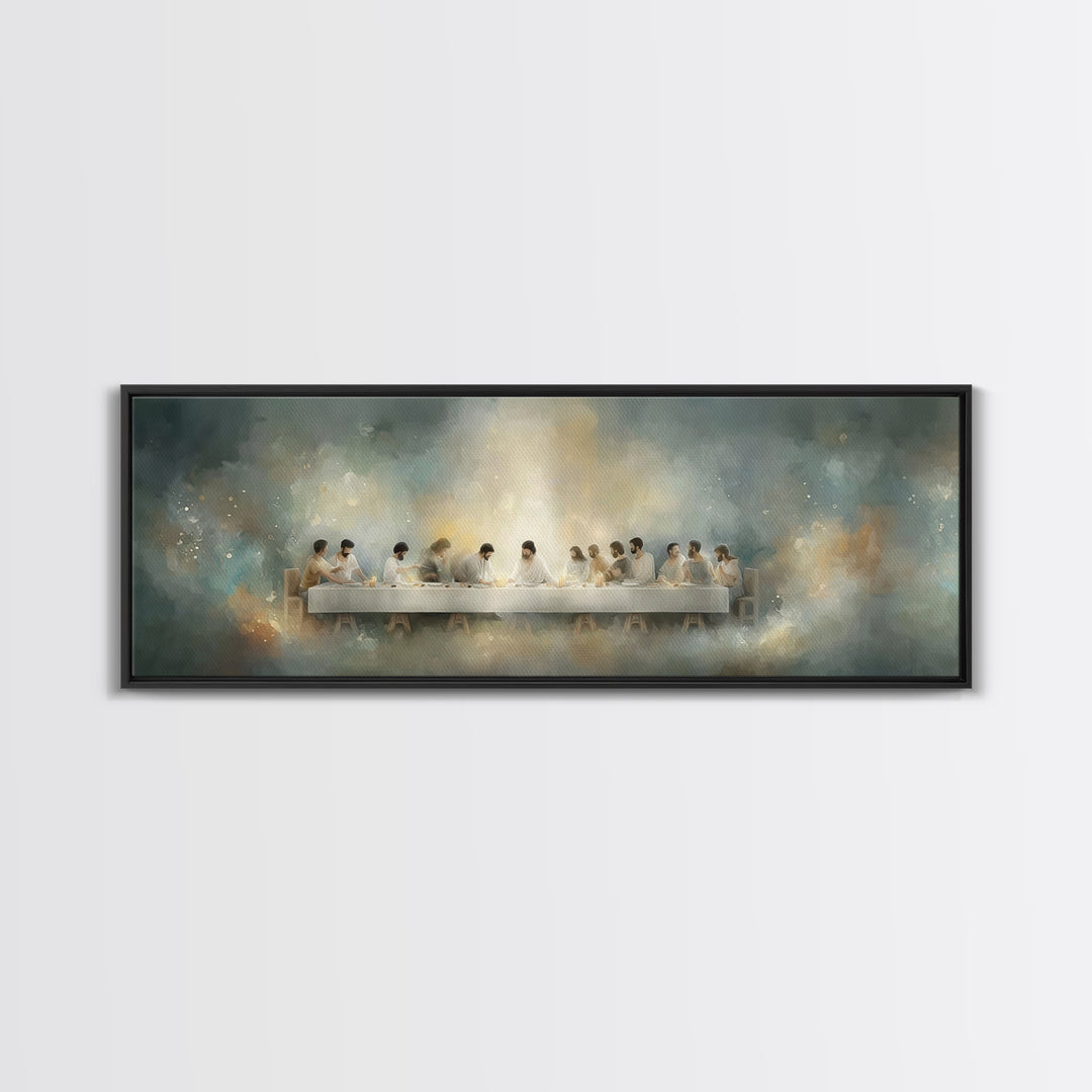 Quiet Supper Gathering | Framed Canvas Print | Christian Art Canvas | Large Jesus Painting | Panoramic Print | Christian Decor