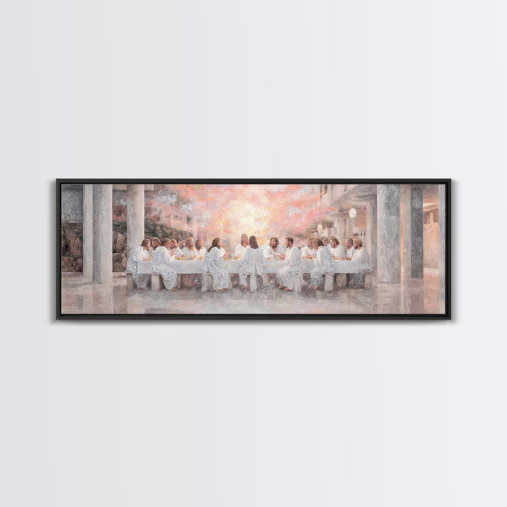 Sacred Supper Reflection, Framed Canvas Print, Christian Wall Art, Jesus Painting, Panoramic Painting, Christian Art Canvas