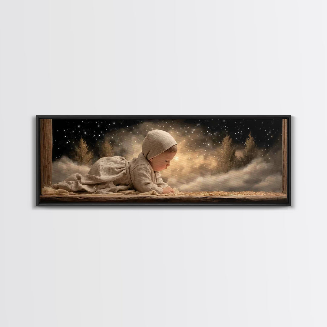 Radiant Nativity – Framed Canvas Print – Christian Christmas Art – Panoramic Frame – Christian Wall Art – Jesus Painting – Christmas Canvas