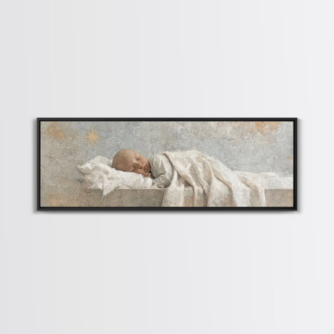 Gentle Holy Night, Framed Canvas Print, Christian Christmas Art, Panoramic Print, Christian Art Canvas, Jesus Painting, Christmas Decor