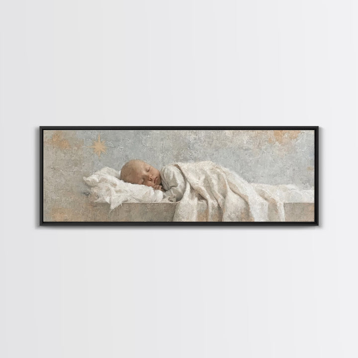 Gentle Holy Night, Framed Canvas Print, Christian Christmas Art, Panoramic Print, Christian Art Canvas, Jesus Painting, Christmas Decor
