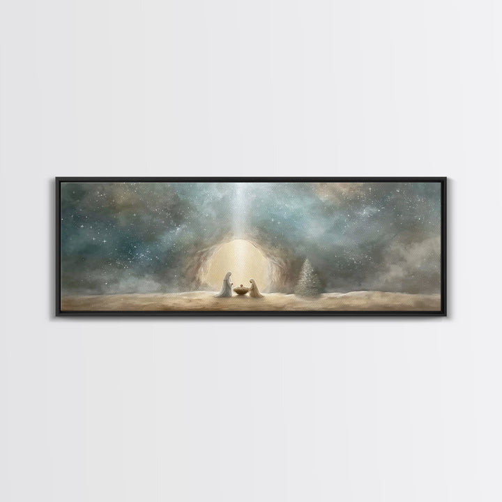 Starlit Holy Night – Framed Canvas Print – Christian Wall Art – Panoramic Art – Christian Art Canvas – Christmas Art – Jesus Christmas Art