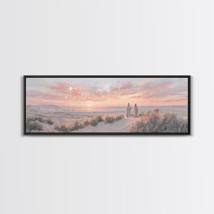 Bethlehem Dawn Glow, Framed Canvas Print, Christian Wall Art, Panoramic Frame, Christian Christmas Art, Jesus Art Print, Christmas Decor