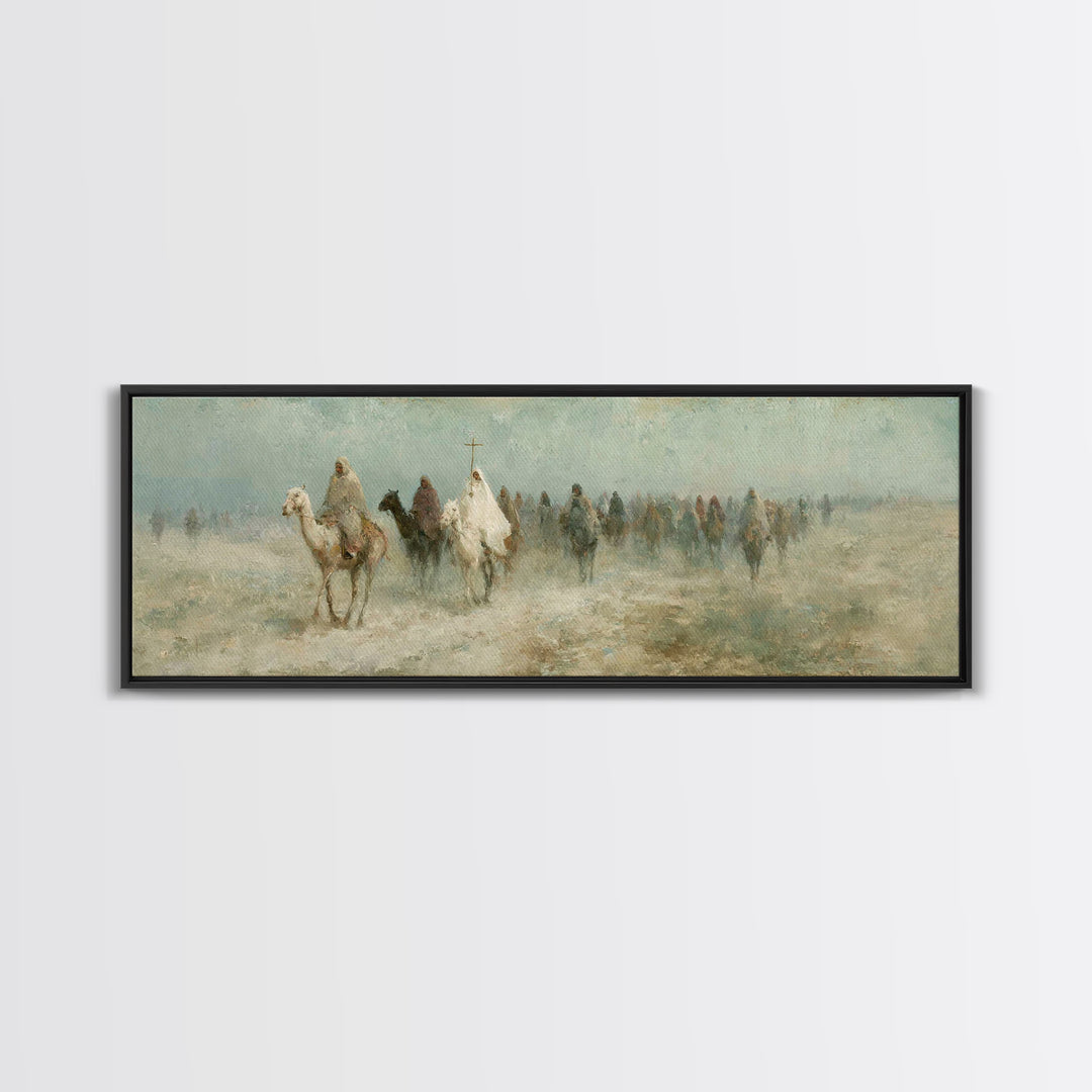 Pilgrims In Haze – Framed Canvas Print – Christian Wall Art – Panoramic Painting – Christian Art Canvas – Christmas Art – Christian Decor