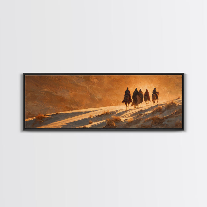 Golden Caravan Light, Framed Canvas Print, Christian Christmas Art, Panoramic Wall Art, Christian Art Canvas, Jesus Painting, Christmas Wal
