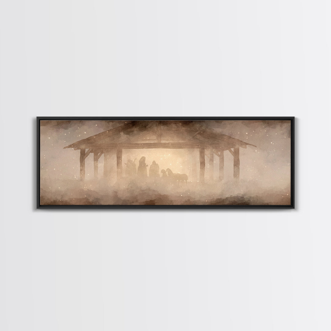 Glory In The Stable | Framed Canvas Print | Christian Wall Art | Christian Art Canvas | Extra Wide Art | Christmas Art | Christian Painting