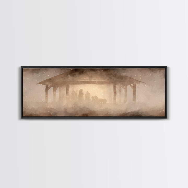 Glory In The Stable | Framed Canvas Print | Christian Wall Art | Christian Art Canvas | Extra Wide Art | Christmas Art | Christian Painting