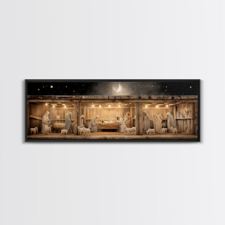 Nativity Serenity – Framed Canvas Print – Christian Wall Art – Christian Art Canvas – Panoramic Frame – Christmas Art – Christian Christmas