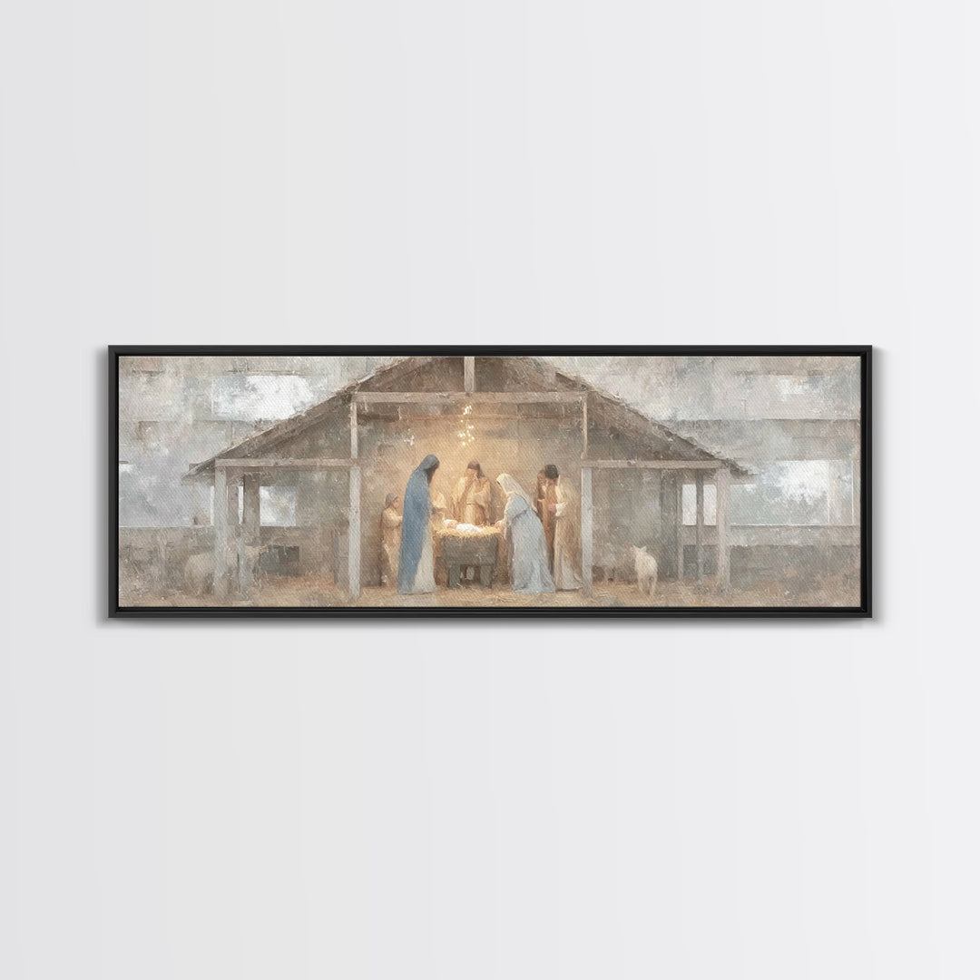 Starry Night Nativity, Framed Canvas Print, Christian Wall Art, Christian Art Canvas, Panoramic Art, Christmas Art, Jesus Christmas Art