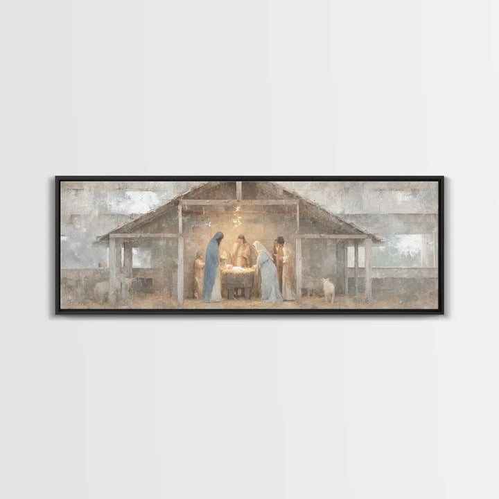 Starry Night Nativity, Framed Canvas Print, Christian Wall Art, Christian Art Canvas, Panoramic Art, Christmas Art, Jesus Christmas Art