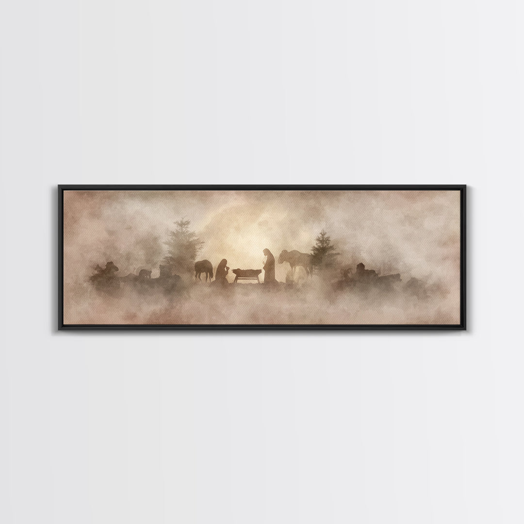 Manger In The Mist, Framed Canvas Print, Panoramic Art, Christian Wall Art, Christian Art Canvas, Christmas Art, Christian Decor, Jesus Pai