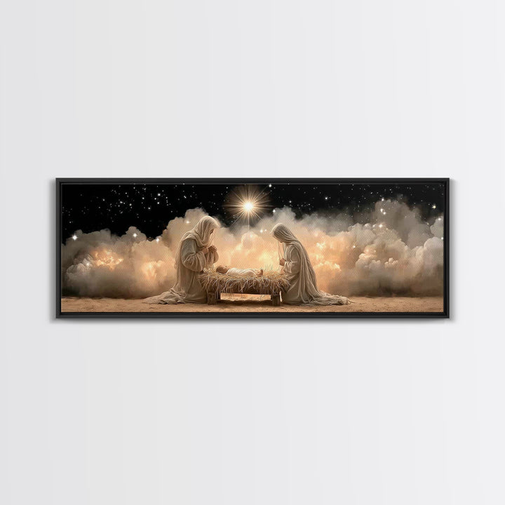 Celestial Manger Peace – Framed Canvas Print – Panoramic Art – Christian Wall Art – Christian Art Canvas – Christmas Art – Jesus Painting –