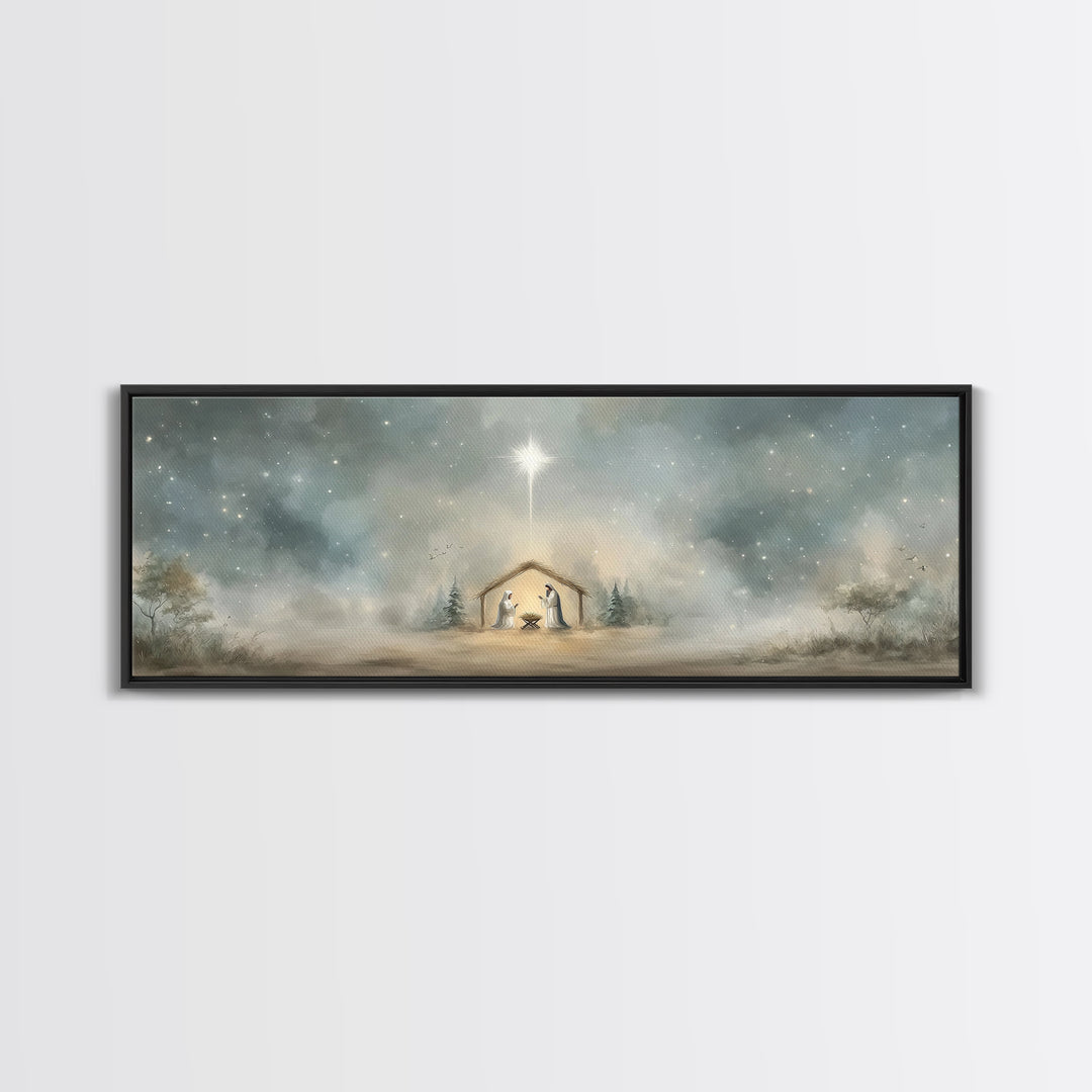 Holy Dawn Light | Framed Canvas Print | Christian Wall Art | Christmas Art | Panoramic Wall Art | Christian Art Canvas | Jesus Painting