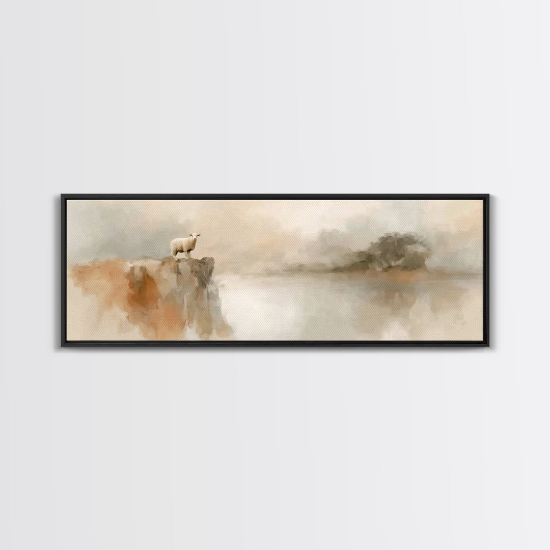 Cliffside Lamb Peace, Framed Canvas Print, Christian Wall Art, Christian Art Canvas, Panoramic Print, Christian Painting, Christian Decor