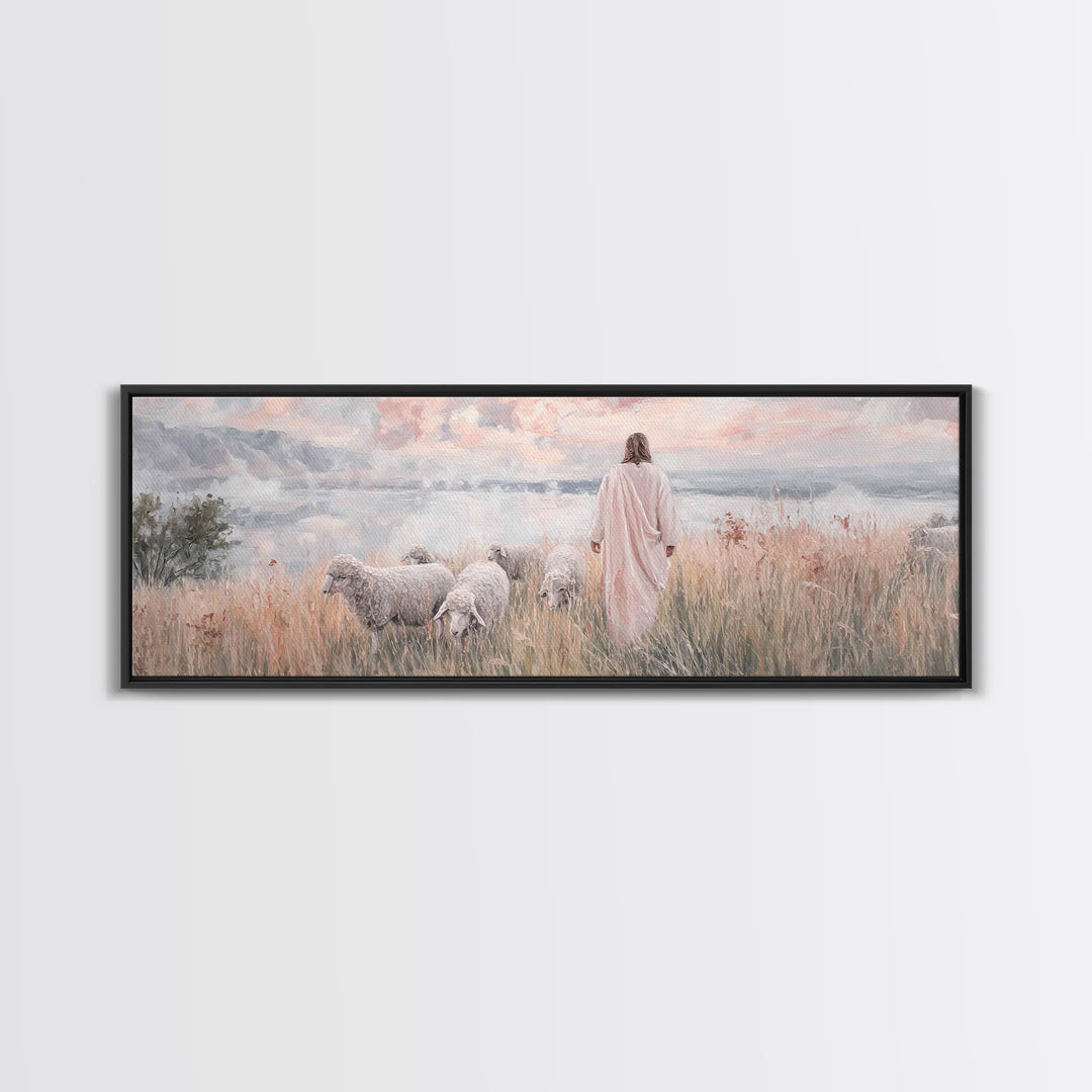 Pastures Of Grace – Framed Canvas Print – Christian Wall Art – Panoramic Art – Jesus Painting – Christian Art Canvas – Christian Decor – Ch