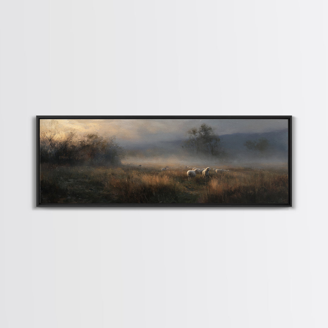 Dawn Of Shepherds , Framed Canvas Print, Panoramic Wall Art, Christian Art Canvas, Moody Christian Art, Christian Christmas Art, Christian