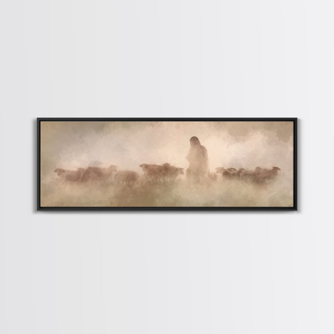 Guiding Shepherd | Framed Canvas Print | Panoramic Wall Art | Christian Art Canvas | Jesus Painting | Christian Decoration | Christian Gift