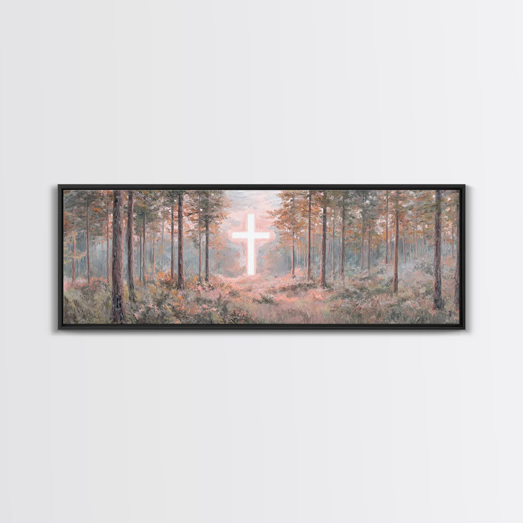 Forest Cross Light, Framed Canvas Print, Panoramic Wall Art, Christian Wall Art, Jesus Painting, Christian Canvas, Christian Art, Faith Art