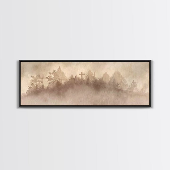 Silent Summit Cross - Framed Canvas Print - Panoramic Art - Christian Wall Art - Christian Art Canvas - Jesus Painting - Christian Christma