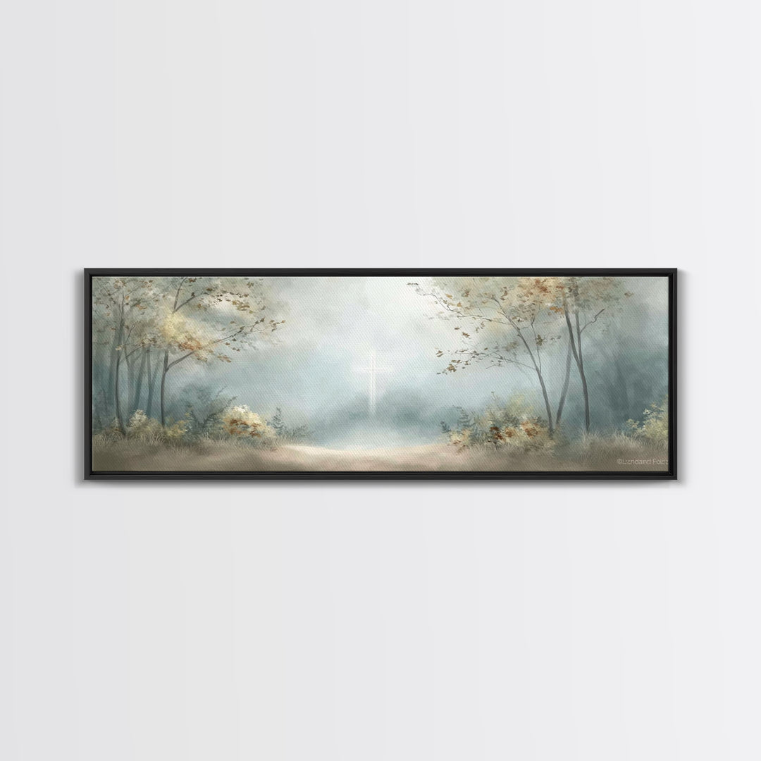 Gentle Morning Cross | Framed Canvas Print | Panoramic Wall Art | Christian Art Canvas | Christian Wall Art | Jesus Painting | Christian De