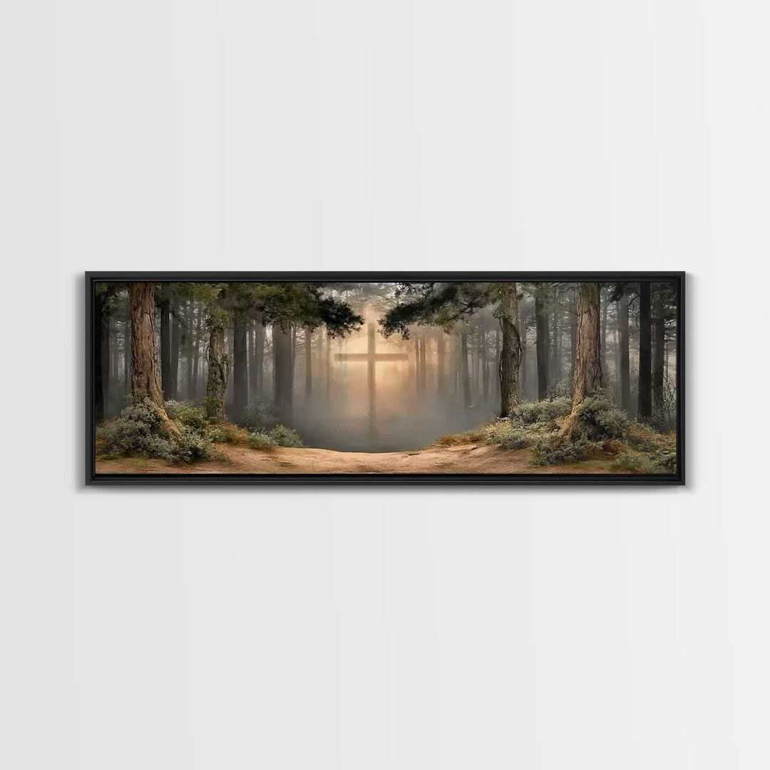 Heavenly Forest Glow, Framed Canvas Print, Panoramic Painting, Christian Wall Art, Christian Canvas, Jesus Painting, Modern Christian Art