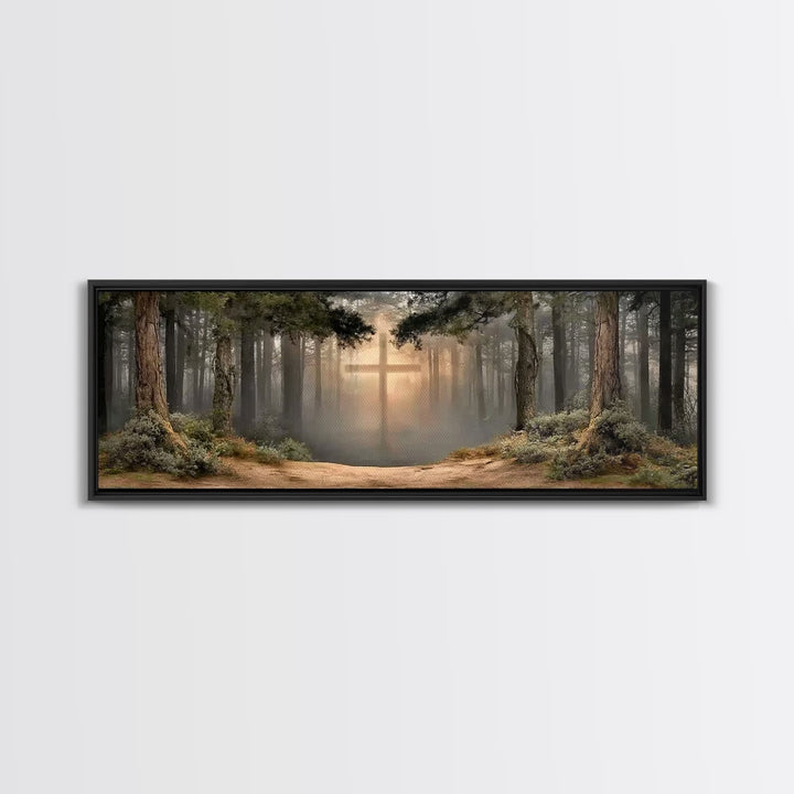 Heavenly Forest Glow, Framed Canvas Print, Panoramic Painting, Christian Wall Art, Christian Canvas, Jesus Painting, Modern Christian Art