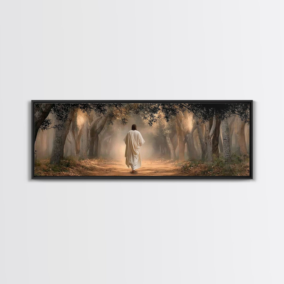 Holy Woodland Journey, Framed Canvas Print, Panoramic Art, Christian Wall Art, Jesus Painting, Christian Art Canvas, Christian Christmas Ar