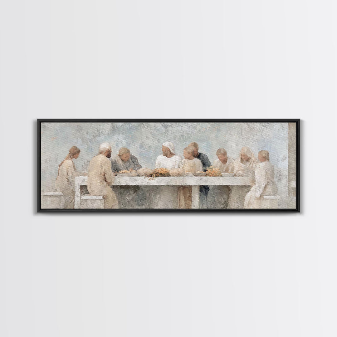 Quiet Table Fellowship – Framed Canvas Print – Panoramic Wall Art – Christian Art Canvas – Jesus Painting – Christmas Wall Art – Christian