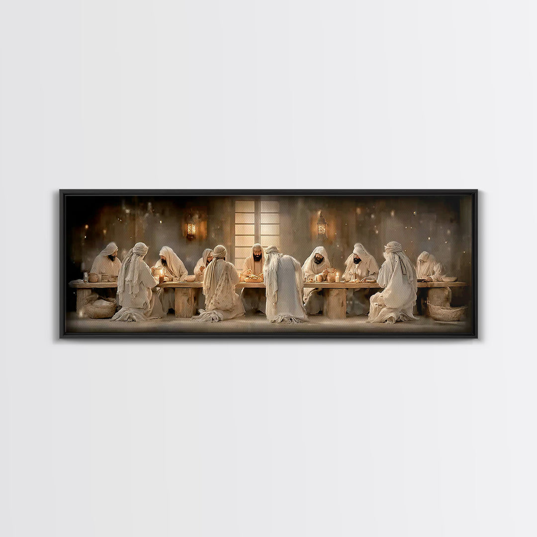 Lantern Lit Gathering | Framed Canvas Print | Panoramic Painting | Christian Wall Art | Jesus Canvas Art | Christian Christmas Art | Christ