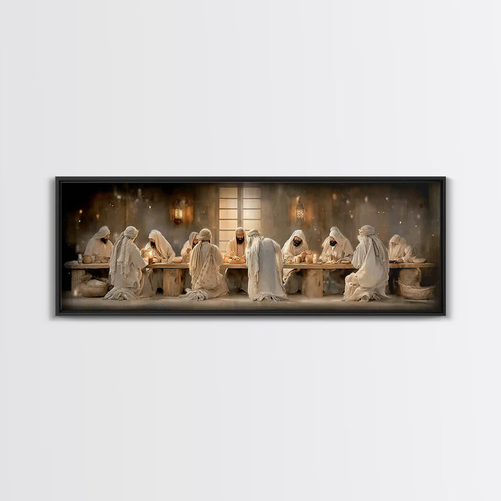 Lantern Lit Gathering | Framed Canvas Print | Panoramic Painting | Christian Wall Art | Jesus Canvas Art | Christian Christmas Art | Christ