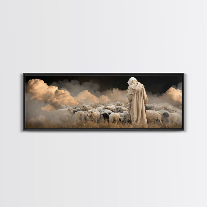 Guardian Of Flock – Framed Canvas Print – Panoramic Art – Jesus Canvas Art – Christian Wall Art – Christian Christmas Decor – Christian Pai