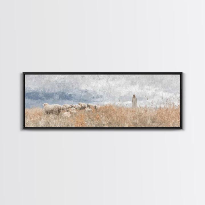 Shoreline Shepherd Dawn | Framed Canvas Print | Panoramic Frame | Christian Art Canvas | Jesus Painting | Christian Wall Art | Subtle Chris