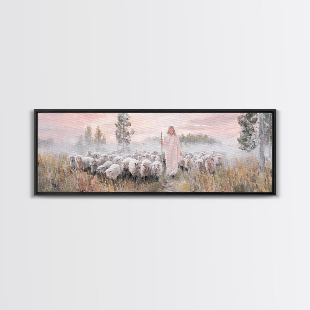 Radiant Shepherd Light, Framed Canvas Print, Panoramic Wall Art, Jesus Canvas Art, Christian Art, Christian Christmas Art, Modern Christian