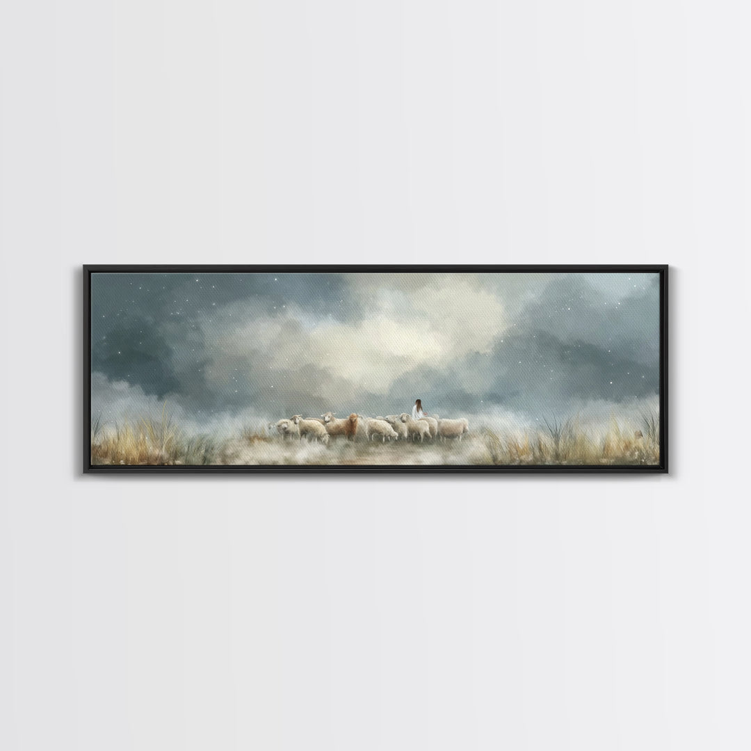 Starry Night Flock – Framed Canvas Print – Panoramic Wall Art – Christian Art Canvas – Christian Christmas Art – Jesus Painting – Christian