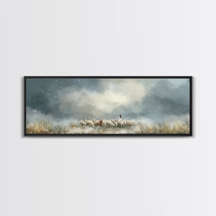 Starry Night Flock – Framed Canvas Print – Panoramic Wall Art – Christian Art Canvas – Christian Christmas Art – Jesus Painting – Christian