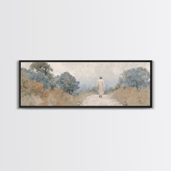 Quiet Garden Walk, Framed Canvas Print, Panoramic Wall Art, Christian Art Canvas, Modern Christian Painting, Christian Gift Ideas, Christia
