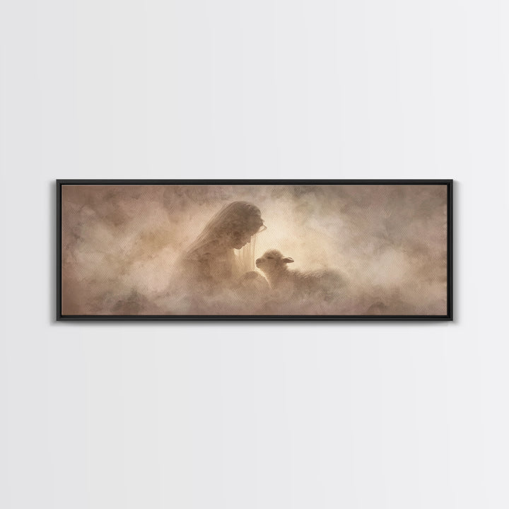 Sacred Embrace, Framed Canvas Print, Christian Christmas Art, Panoramic Painting, Christian Wall Art, Framed Christian Art, Christmas Art
