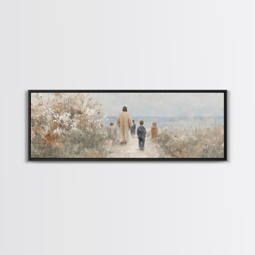 Silent Footsteps, Framed Canvas Print, Christian Art Canvas, Panoramic Painting, Jesus Wall Art, Christian Art Gift, Christmas Art