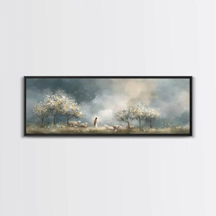 Radiant Shepherd Light – Framed Canvas Print – Christian Art Canvas – Panoramic Painting – Jesus Wall Art – Christian Christmas Art