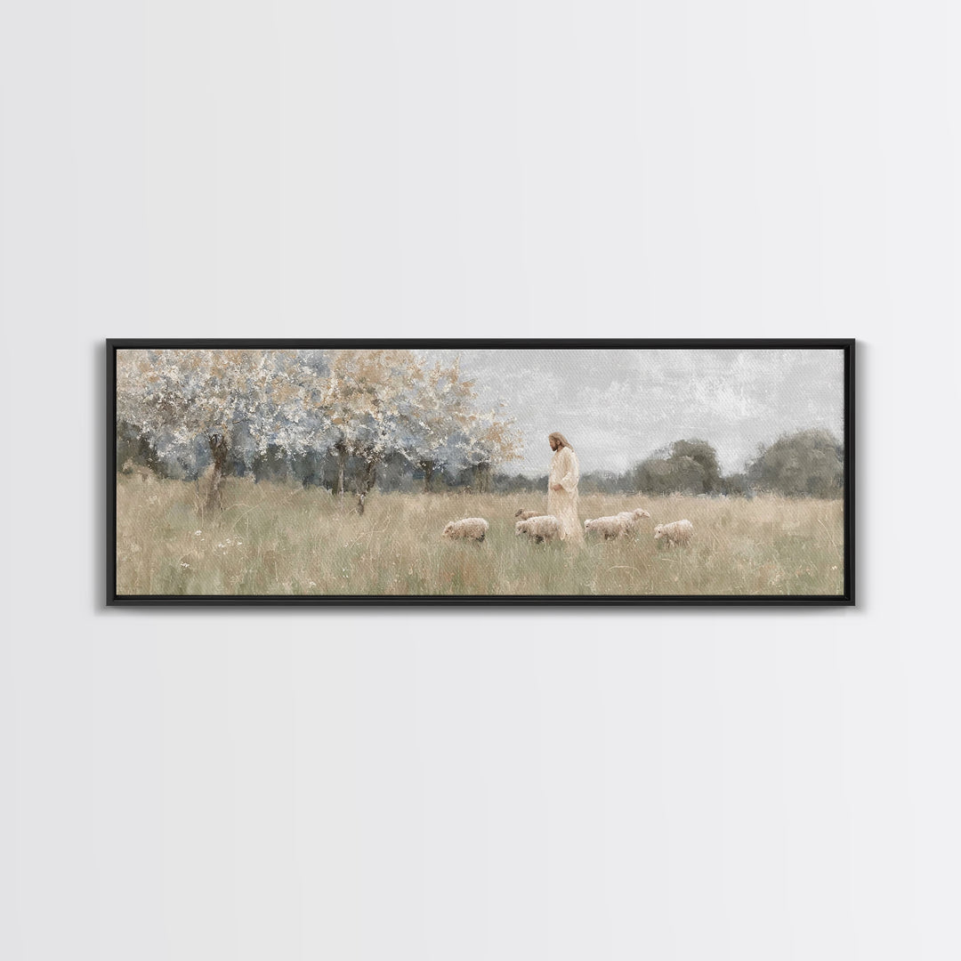 Heavenly Pastures | Framed Canvas Print | Christian Wall Art | Panoramic Art | Jesus Painting | Christian Art Canvas | Christmas Art