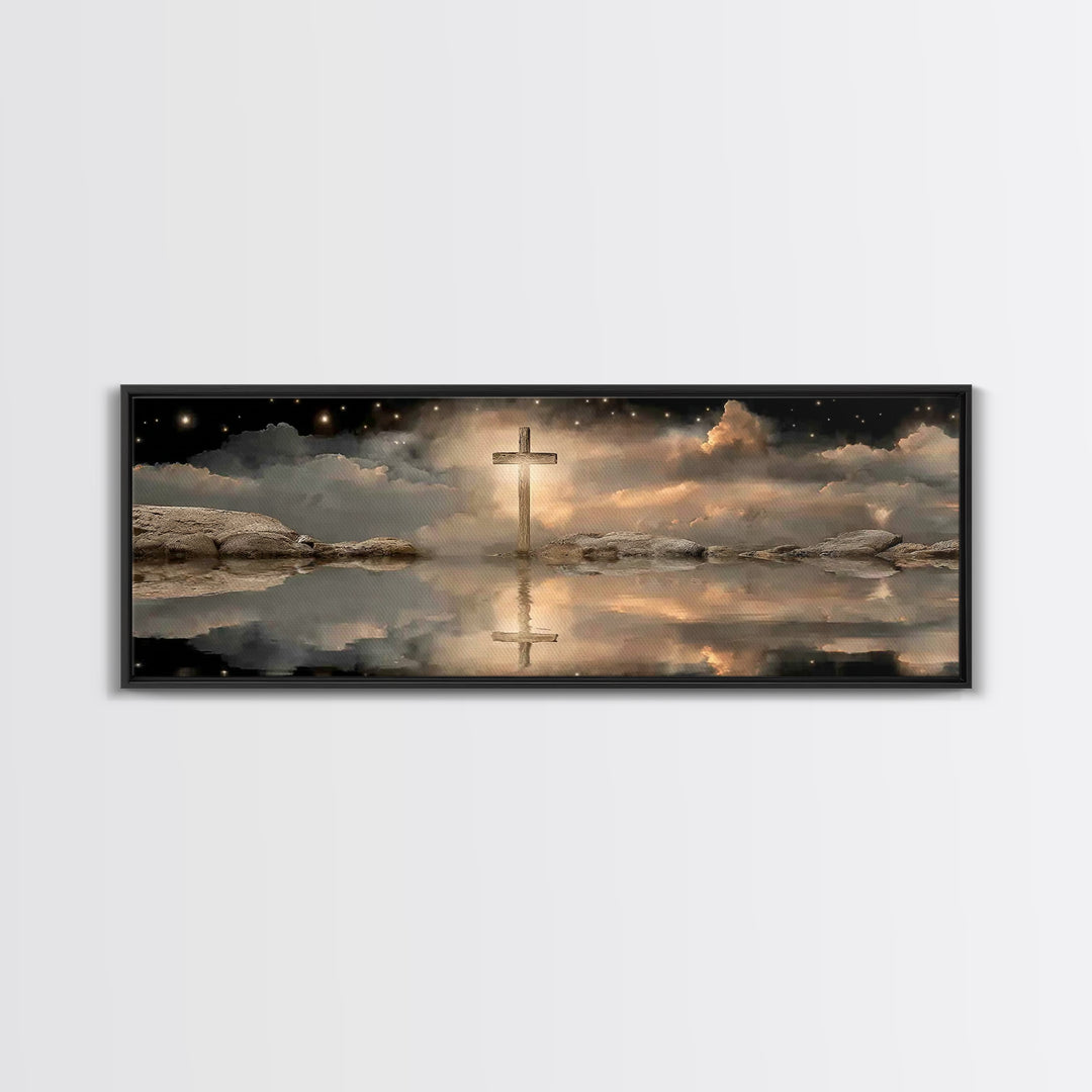 Night Of The Cross – Framed Canvas Print – Panoramic Wall Art – Christian Art Canvas – Christian Painting – Christmas Art – Christian Decor