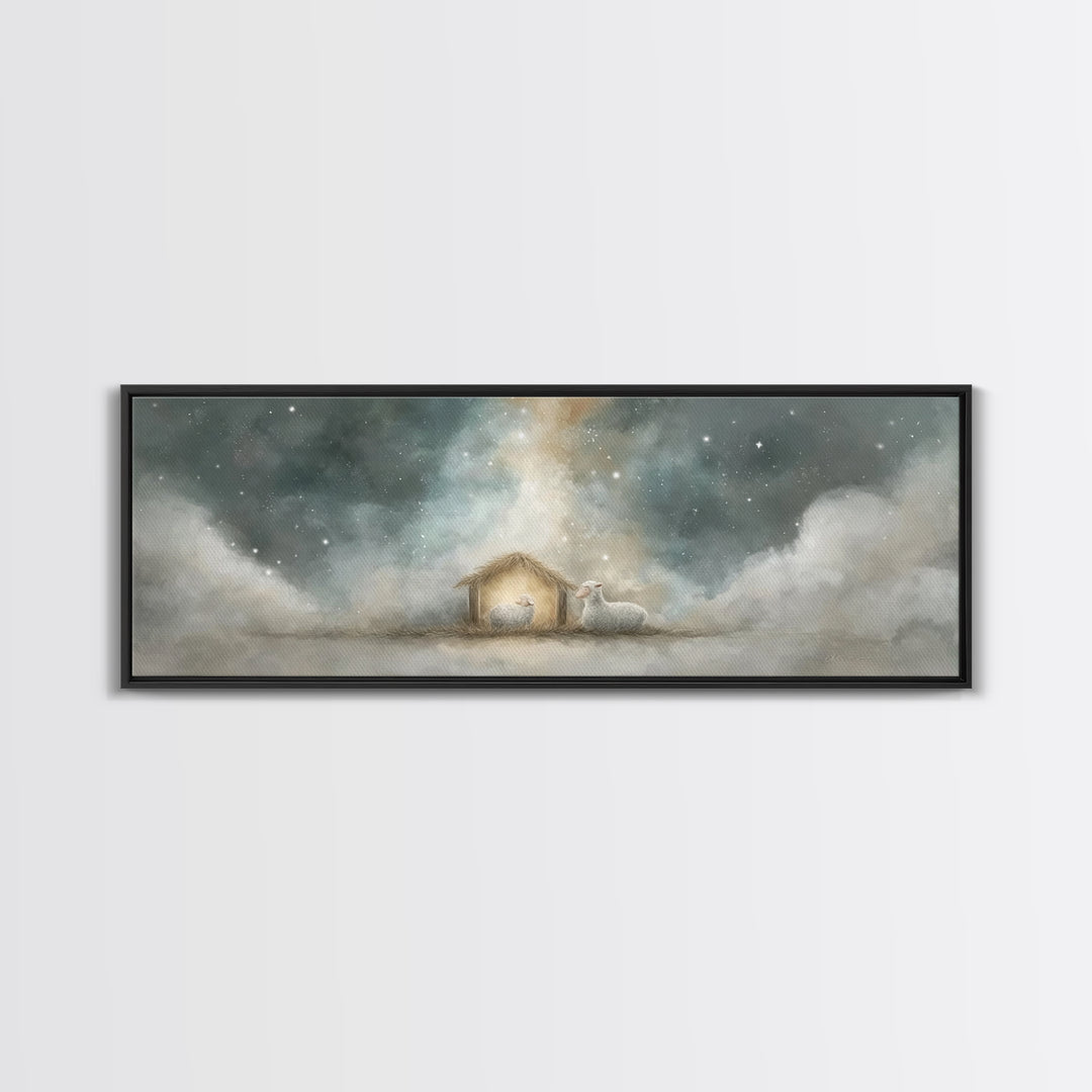 Starry Holy Night, Framed Canvas Print, Christian Wall Art, Panoramic Painting, Christian Christmas Art, Christian Art Print, Jesus Canvas