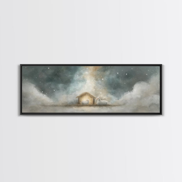 Starry Holy Night, Framed Canvas Print, Christian Wall Art, Panoramic Painting, Christian Christmas Art, Christian Art Print, Jesus Canvas