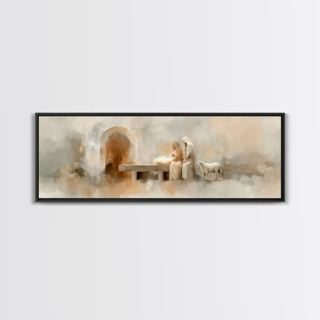 Sacred Manger Light – Framed Canvas Print – Christmas Art – Panoramic Frame – Christian Christmas Decor – Christian Painting – Christian Ar